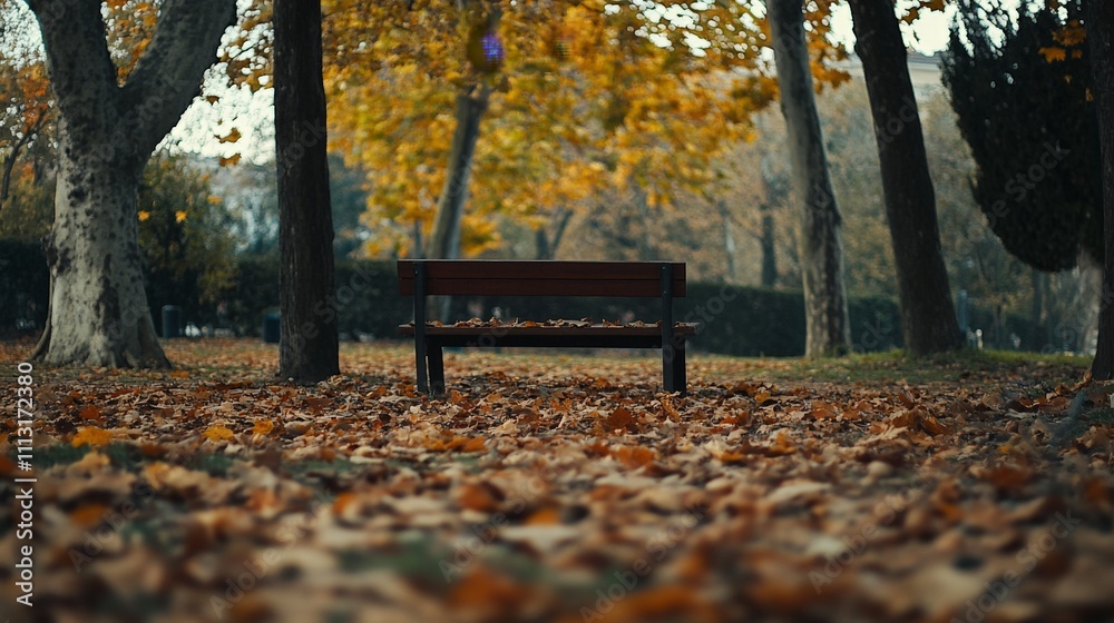 An autumn park with a bench surrounded by colorful fallen leaves, evoking a peaceful mood An autumn park with a bench surrounded by colorful fallen leaves, evoking a peaceful mood