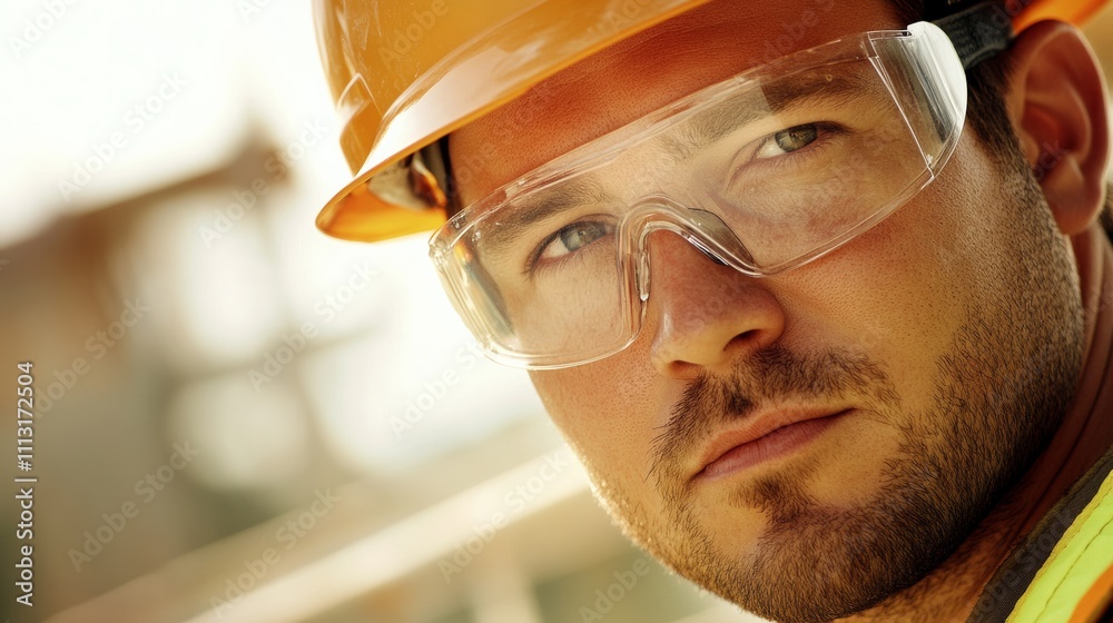 A close-up of a construction worker wearing a helmet and safety glasses, looking directly at the camera, Safety gear scene A close-up of a construction worker wearing a helmet and safety glasses, looking directly at the camera, Safety gear scene