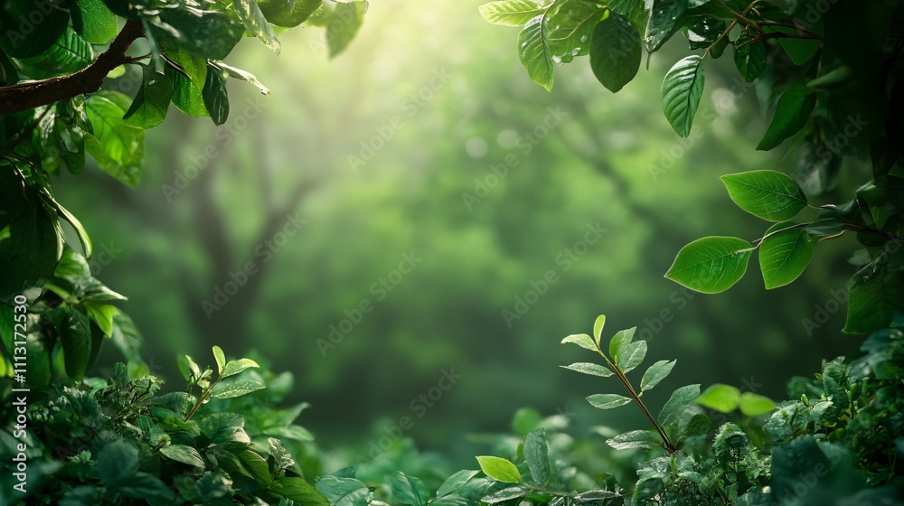 Lush green foliage framing a sunlit forest canopy Lush green foliage framing a sunlit forest canopy