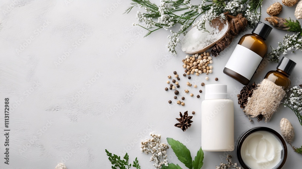 Natural cosmetics ingredients with blank label bottles for mockup packaging on gray background Natural cosmetics ingredients with blank label bottles for mockup packaging on gray background