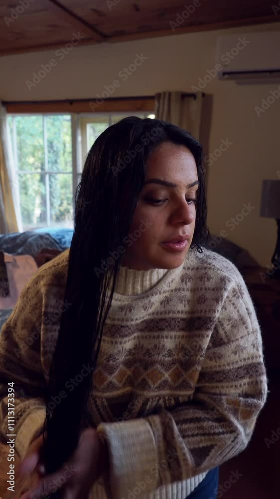 young latina woman doing her hair in a cabin while she is on vacation, she is wearing a sweater with tribal pattern. 4k video vertical young latina woman doing her hair in a cabin while she is on vacation, she is wearing a sweater with tribal pattern. 4k video vertical