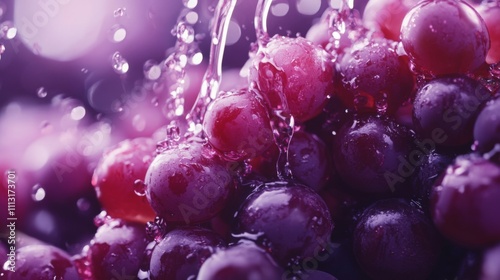 Plump grapes are submerged in clear water, producing an energetic burst of droplets.