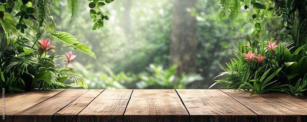 Empty wooden table in front of blurred tropical forest background Empty wooden table in front of blurred tropical forest background