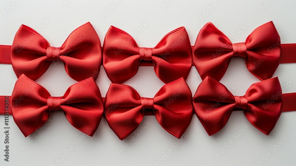 Six Red Satin Bow Ties Arranged in Two Rows on White Background Six Red Satin Bow Ties Arranged in Two Rows on White Background