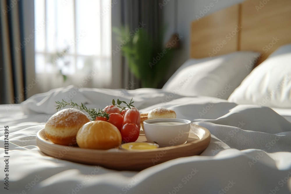 Cozy breakfast in bed with fresh pastries, fruit, and a warm morning vibe Cozy breakfast in bed with fresh pastries, fruit, and a warm morning vibe