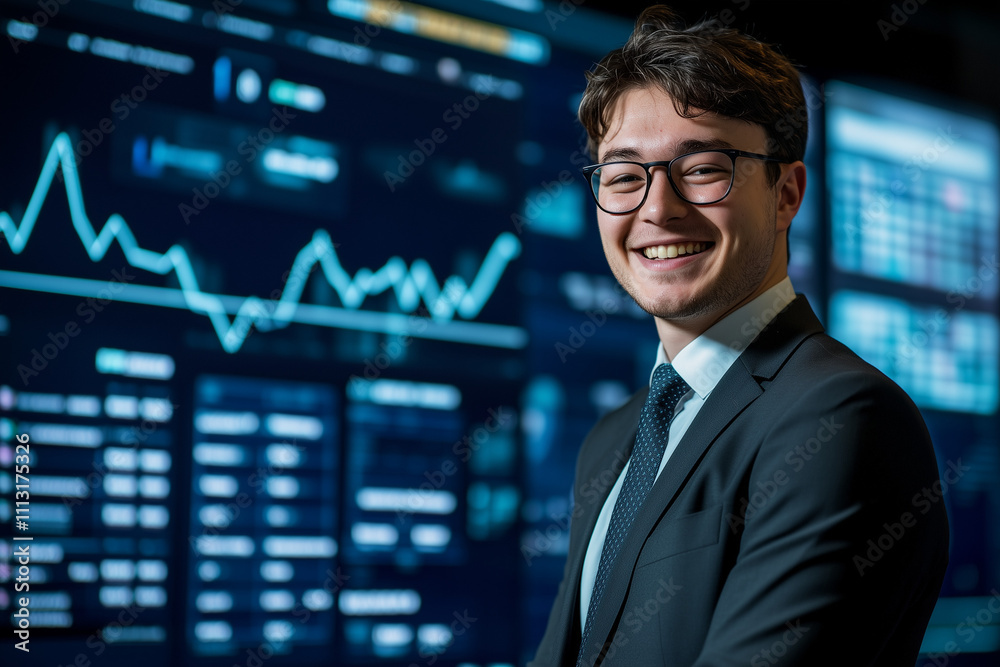 Confident Financial Product Manager Standing in Front of Data Screen Confident Financial Product Manager Standing in Front of Data Screen