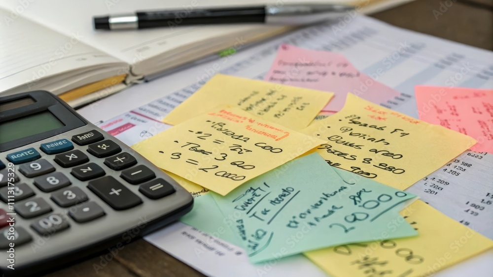 Budget planning and calculation: sticky notes, calculator, and financial documents Budget planning and calculation: sticky notes, calculator, and financial documents