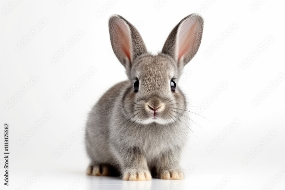 A cute gray rabbit with large ears sitting on a white background. A cute gray rabbit with large ears sitting on a white background.