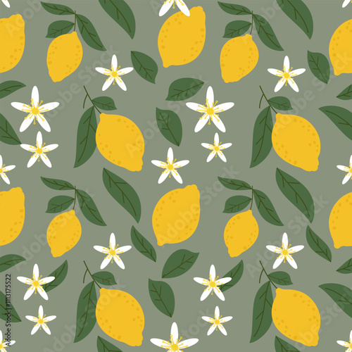 Seamless pattern with lemon fruit, leaves, and flowers