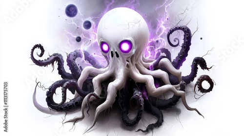 A stylized octopus skull with glowing eyes and tentacles, surrounded by electric energy. photo