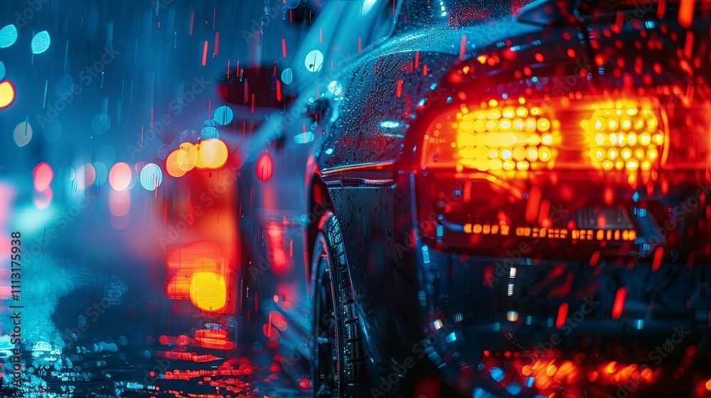 Rain-slicked Car Tail Lights Blurred Cityscape at Night