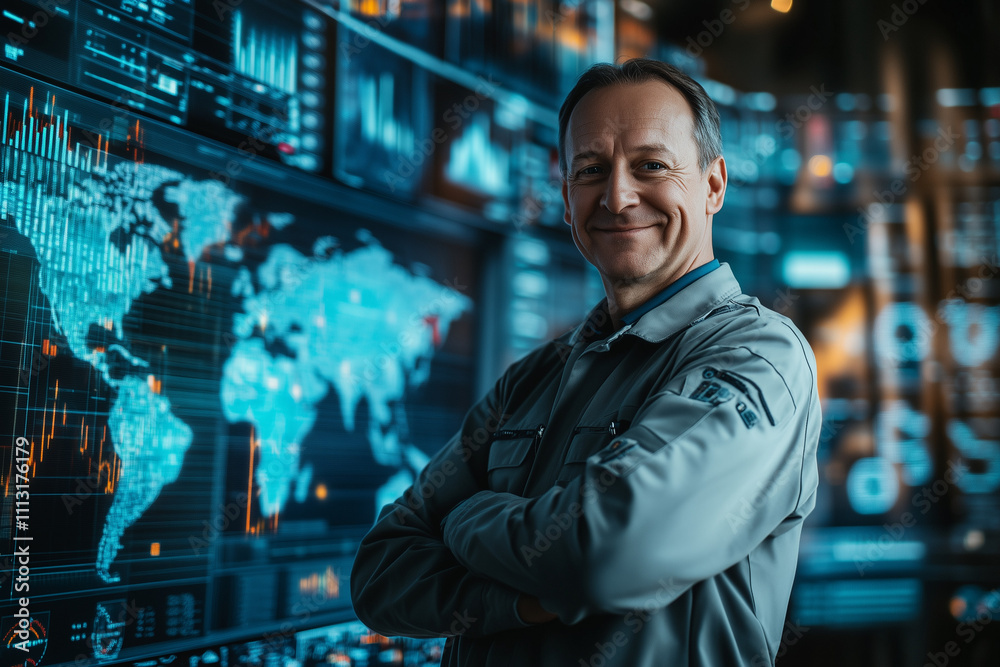 Confident Financial Product Manager Standing in Front of Data Screen Confident Financial Product Manager Standing in Front of Data Screen