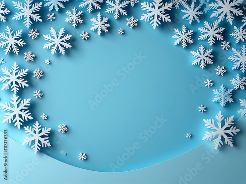 winter wallpaper with cutout snow, blue background, paper cutting style, 300dpi, greeting card and design for winter, Christmas and new year. empty space for text