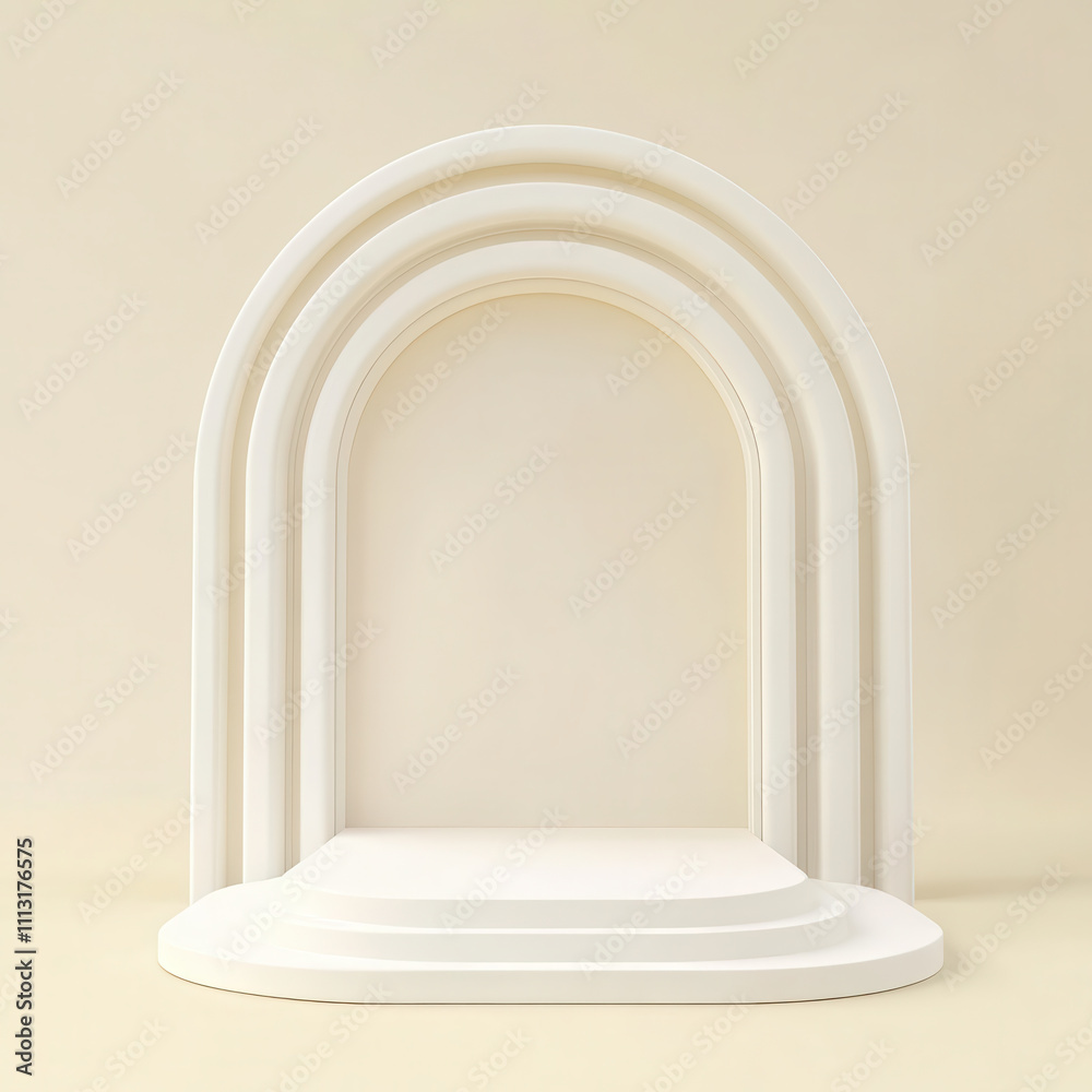 Minimalist white arch podium with layered design and soft background Minimalist white arch podium with layered design and soft background