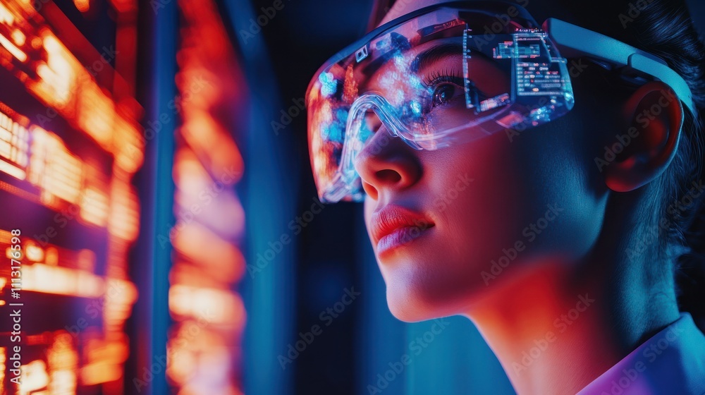 Fototapeta premium A focused woman in futuristic glasses, analyzing data visuals.