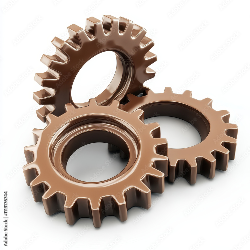 Three brown gear wheels in 3D render, showcasing mechanical design Three brown gear wheels in 3D render, showcasing mechanical design