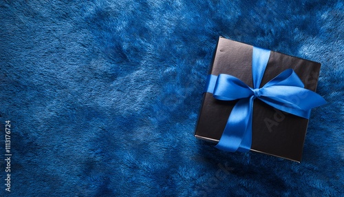 Black Gift Box with Dark Blue Ribbon on Fluffy carpet Background. Top View of Father Day Gifts with Copy Space