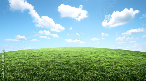 Serene green meadow with gently rolling hills under a clear blue sky and soft scattered clouds