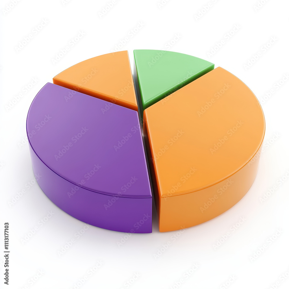 Obraz premium 3D pie chart in orange, purple, green, and blue colors, representing data
