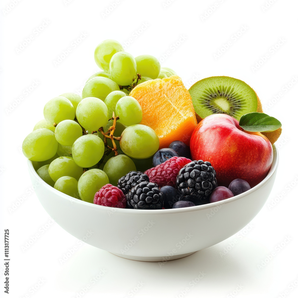 Fresh fruit bowl with grapes, berries, and kiwi on white background Fresh fruit bowl with grapes, berries, and kiwi on white background