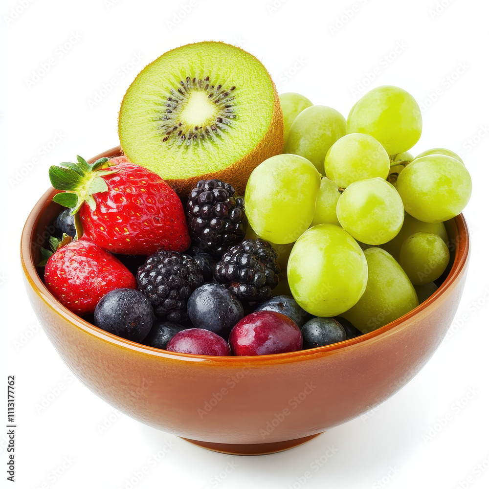 Fresh fruit bowl with strawberries, grapes, kiwi, and blackberries Fresh fruit bowl with strawberries, grapes, kiwi, and blackberries
