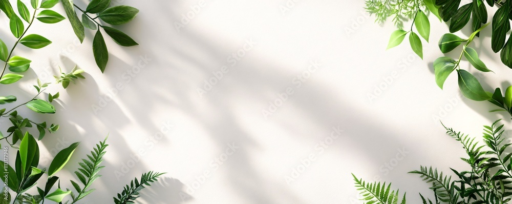 Green leaves frame creating stunning natural banner on white background Green leaves frame creating stunning natural banner on white background