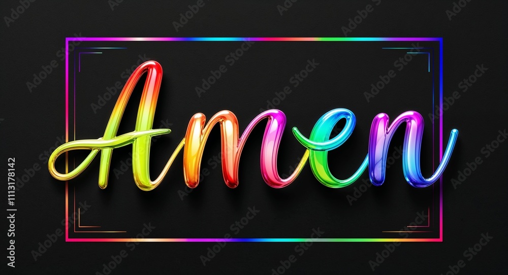 Obraz premium amen colorful calligraphic shining shiny smooth lettering on plain black background