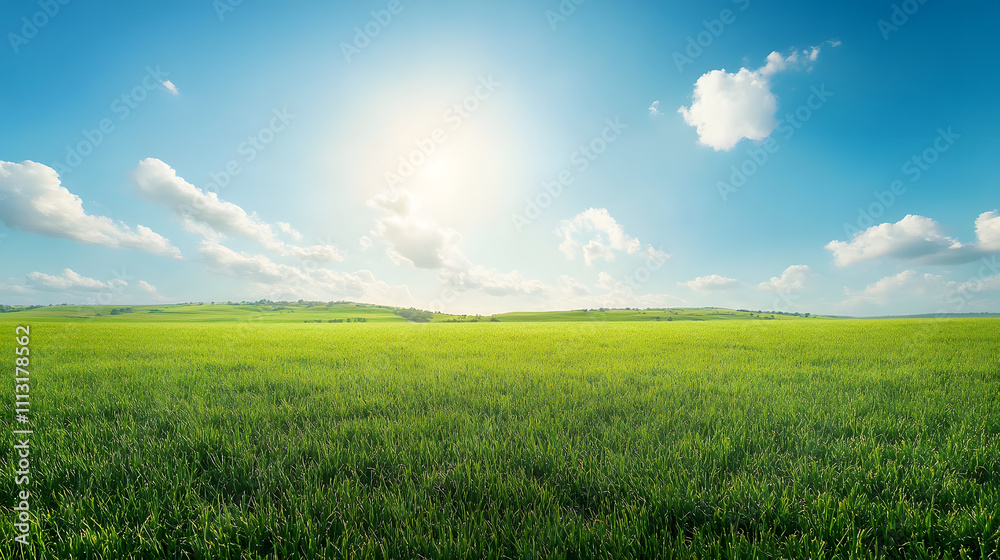 Obraz premium Clear blue sky above a green meadow with rolling hills and soft clouds creating a serene landscape