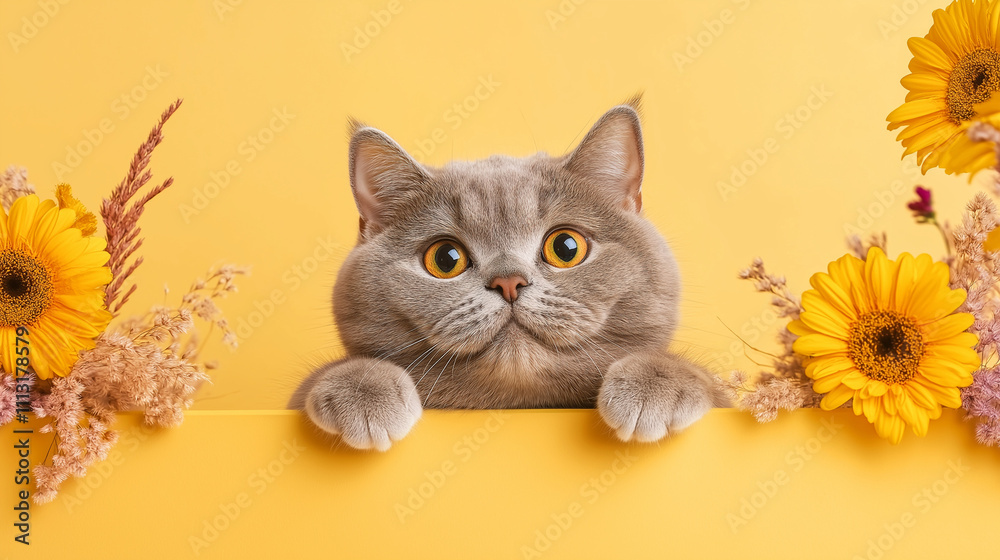 Gray British Shorthair Cat with Yellow Flowers Gray British Shorthair Cat with Yellow Flowers
