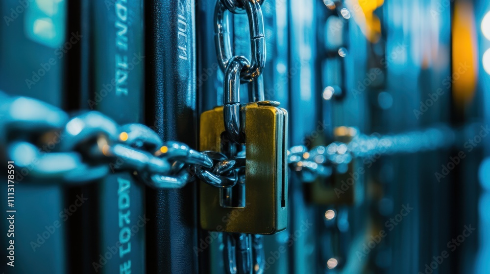 Fototapeta premium A close-up of a locked chain securing storage units.