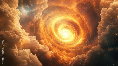 Fiery spiral vortex amidst swirling, ominous clouds. photo