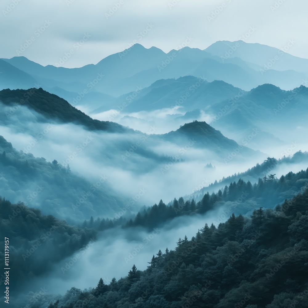 A scenic mountain landscape featuring a tranquil atmosphere with fog rolling through the valleys and lush green forest covering the terrain, illuminated by soft and diffused natural light. A scenic mountain landscape featuring a tranquil atmosphere with fog rolling through the valleys and lush green forest covering the terrain, illuminated by soft and diffused natural light.