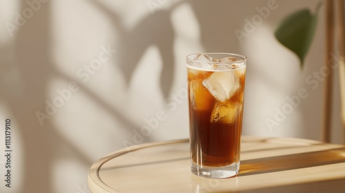 Iced coffee in a glass on a table, sunlight shadows.