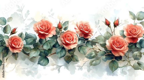 A vibrant floral design featuring pink roses and green leaves.