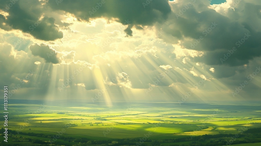 Sunbeams through clouds illuminate green fields. Sunbeams through clouds illuminate green fields.