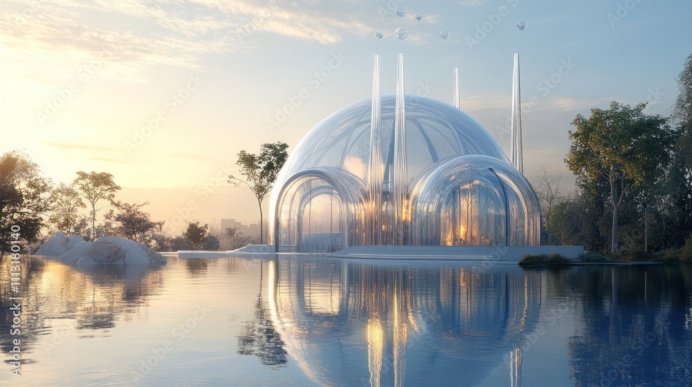 Obraz premium Modern, futuristic glass dome structure reflecting in tranquil lake at sunrise.
