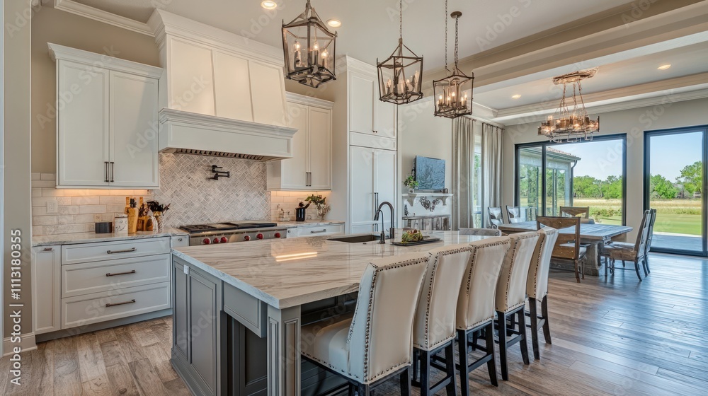 Elegant kitchen, island, large windows, rustic charm. Elegant kitchen, island, large windows, rustic charm.