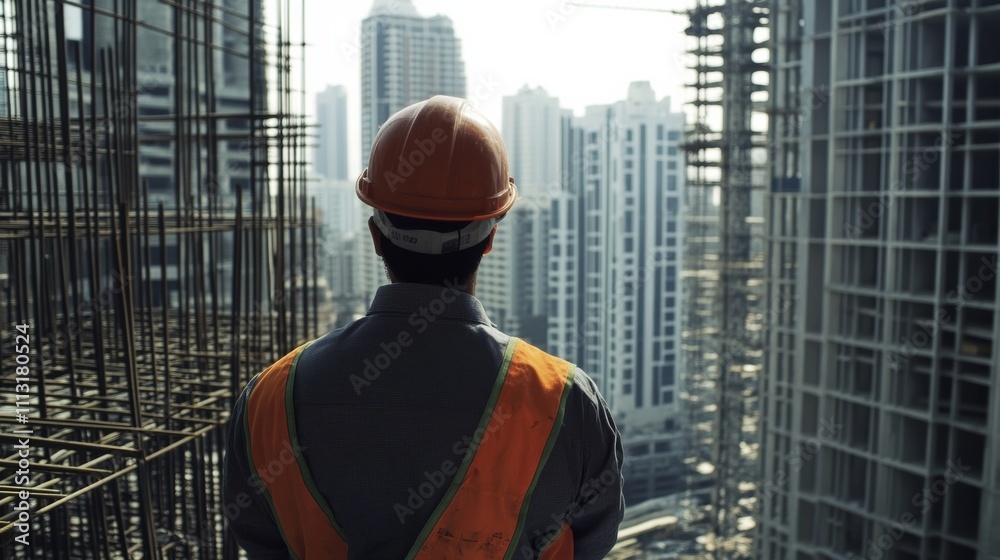 A construction supervisor overseeing the installation of steel reinforcements in a high-rise building, Reinforcement installation scene, Structural enhancement style A construction supervisor overseeing the installation of steel reinforcements in a high-rise building, Reinforcement installation scene, Structural enhancement style