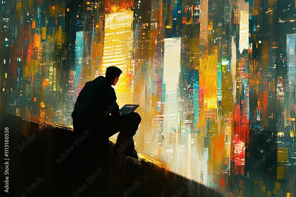 Fototapeta premium A mysterious silhouette embarks on an emotional journey, symbolizing the pursuit of life’s goals, the unknown path of destiny, and the beginning of self-discovery. This evocative visual captures mixed