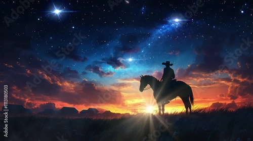 silhouette of a cowboy riding a horse at night with a view of a sky full of stars. Virtual 4K video animation background with looping time lapse with very smooth graphics.