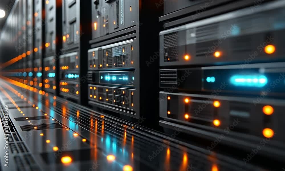 A close-up view of a server rack with glowing lights, showcasing technology infrastructure. A close-up view of a server rack with glowing lights, showcasing technology infrastructure.