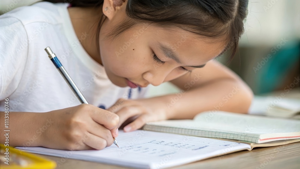 Focused young girl studying diligently at home with notebook and pen Focused young girl studying diligently at home with notebook and pen