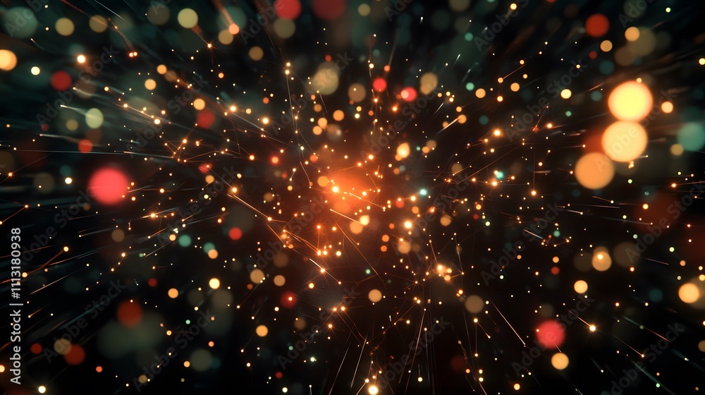 Glowing particles radiate outward in a dark space Glowing particles radiate outward in a dark space