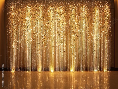 Luxurious golden glitter curtain for weddings birthdays and new year's eve celebrations in elegant venue atmosphere
