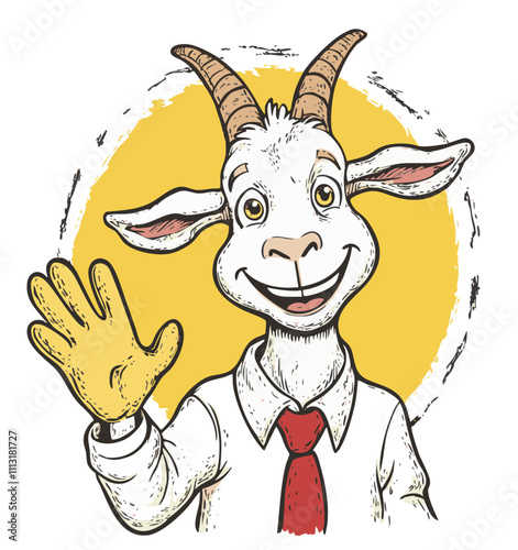 Smiling cartoon goat wearing a tie and waving cheerfully.