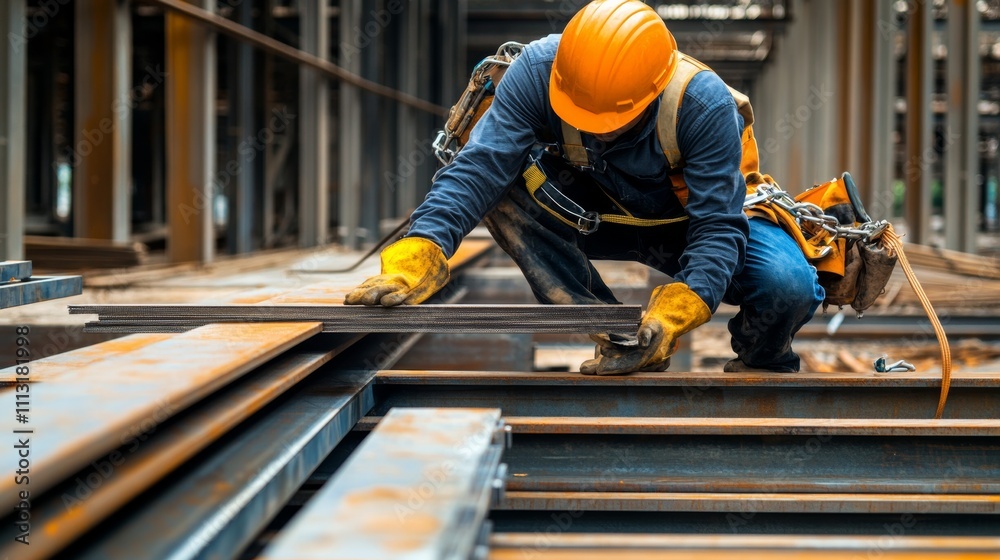 A construction worker assembling steel beams for a commercial building, with a focus on safety harness and welding equipment, looking at the camera A construction worker assembling steel beams for a commercial building, with a focus on safety harness and welding equipment, looking at the camera