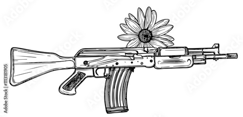 Rifle with flowers growing from the barrel, symbolizing peace.