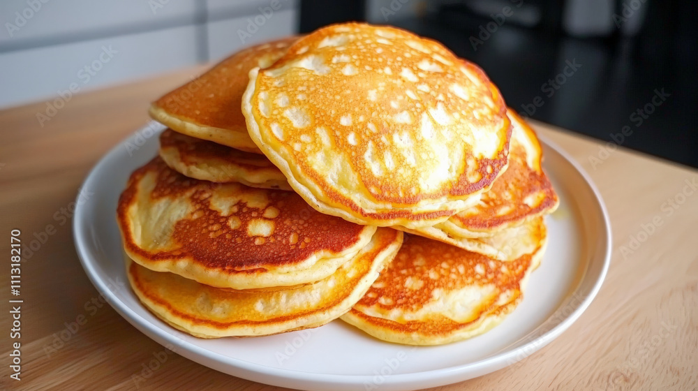 Fluffy pancakes stacked on white plate, ready to be enjoyed Fluffy pancakes stacked on white plate, ready to be enjoyed