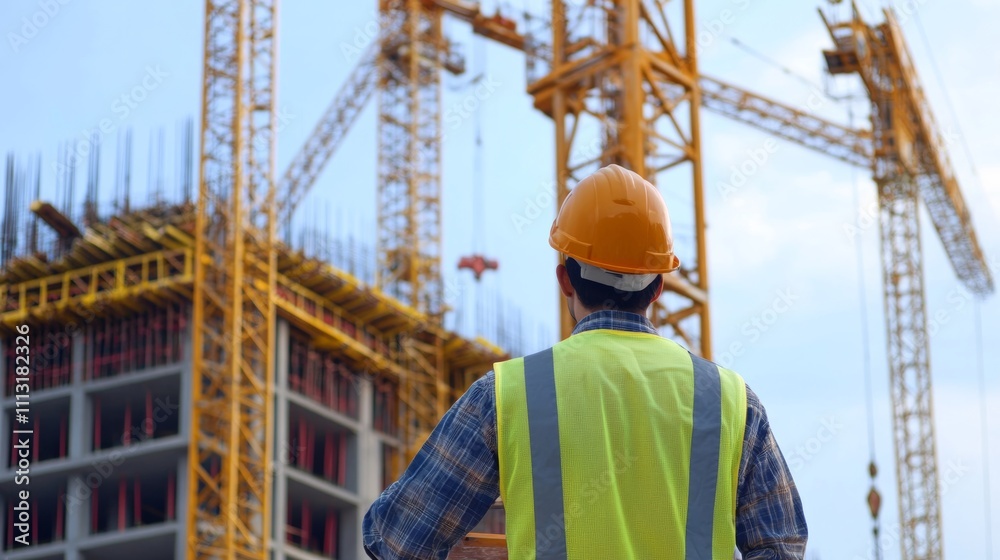 A construction worker directing crane operations at a building site, with a focus on safety signals and machinery, looking at the camera A construction worker directing crane operations at a building site, with a focus on safety signals and machinery, looking at the camera