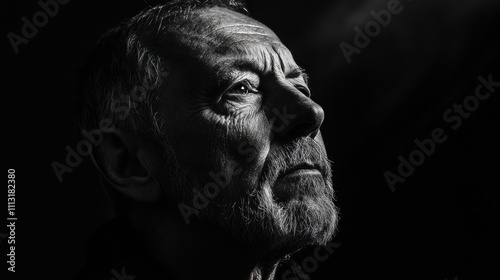 A dramatic portrait of a person in black-and-white, with intense shadows and strong lighting